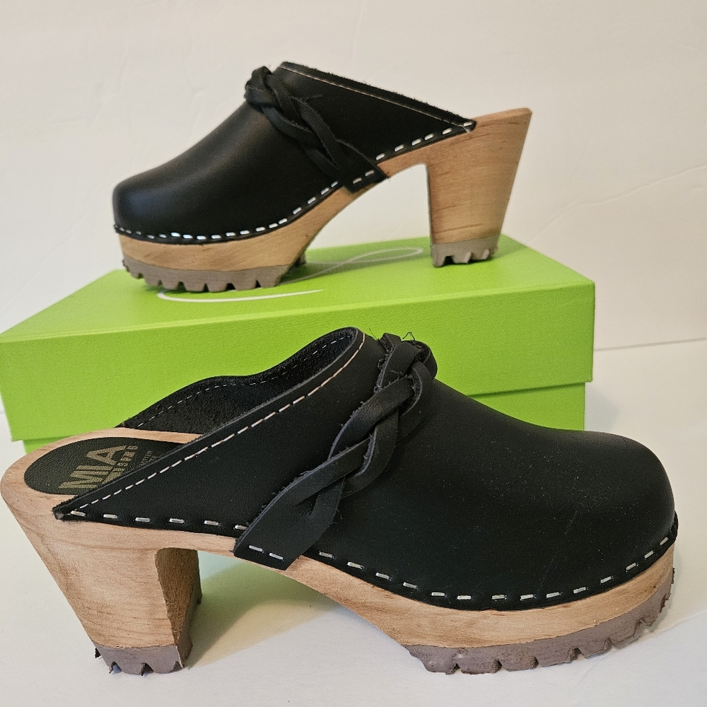 MIA Black and Tan Mules / Open back clogs